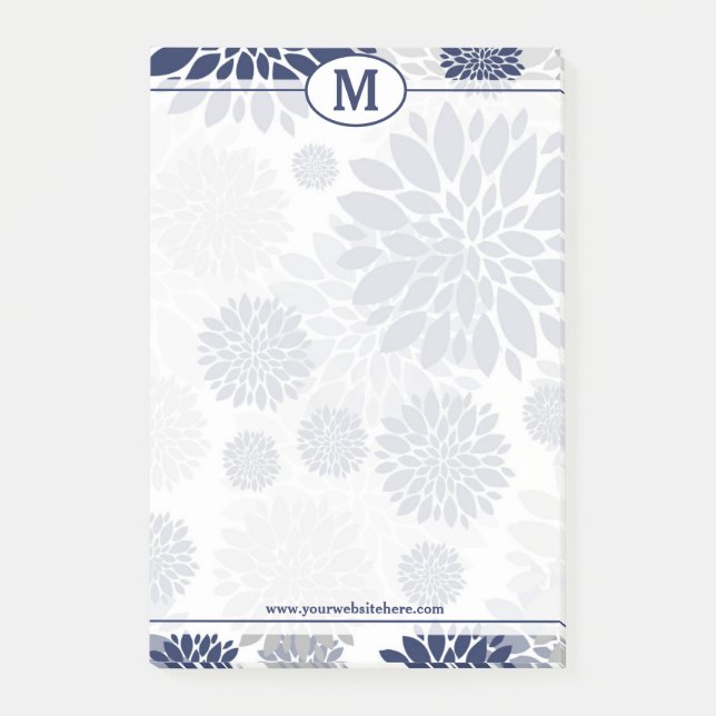 Blue and Gray Floral Pattern Monogram Post-it Notes (Front)