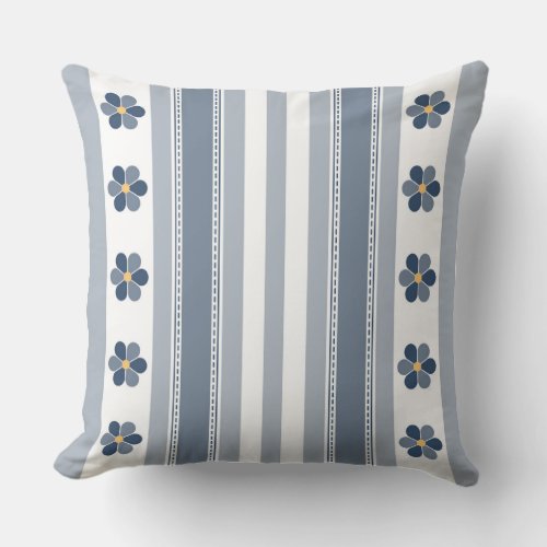 Blue and Gray Floral Stripes Throw Pillow