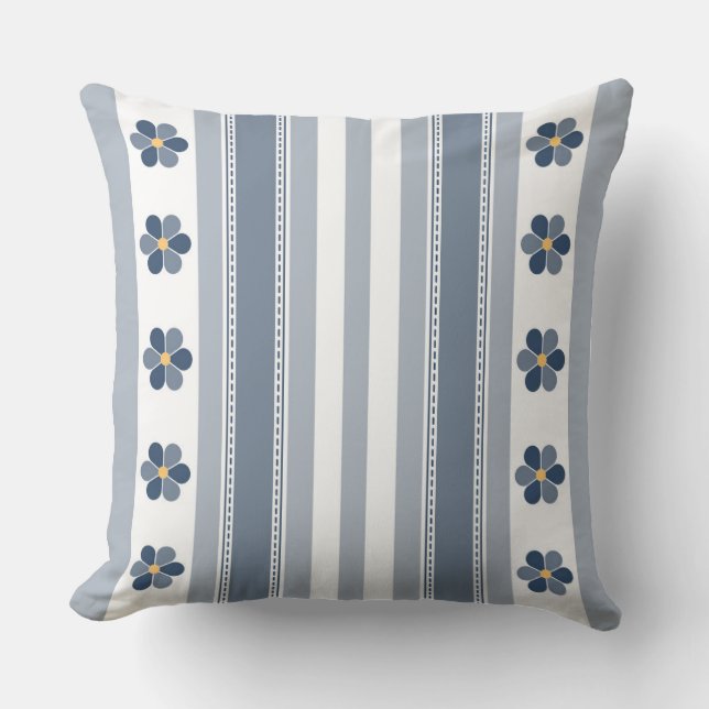 Blue and Gray Floral Stripes Throw Pillow (Front)