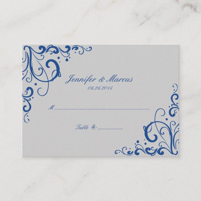 Blue and Gray Flourish Wedding Seating Cards (Front)