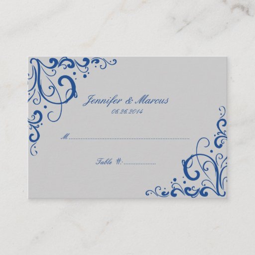 Customizable Blue and Gray Flourish Wedding Seating Cards Business Cards
