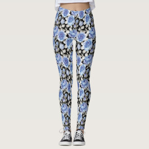 Blue and gray Flowers watercolor pattern Leggings