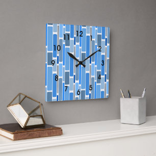 Blue and gray geometric pattern, square wall clock