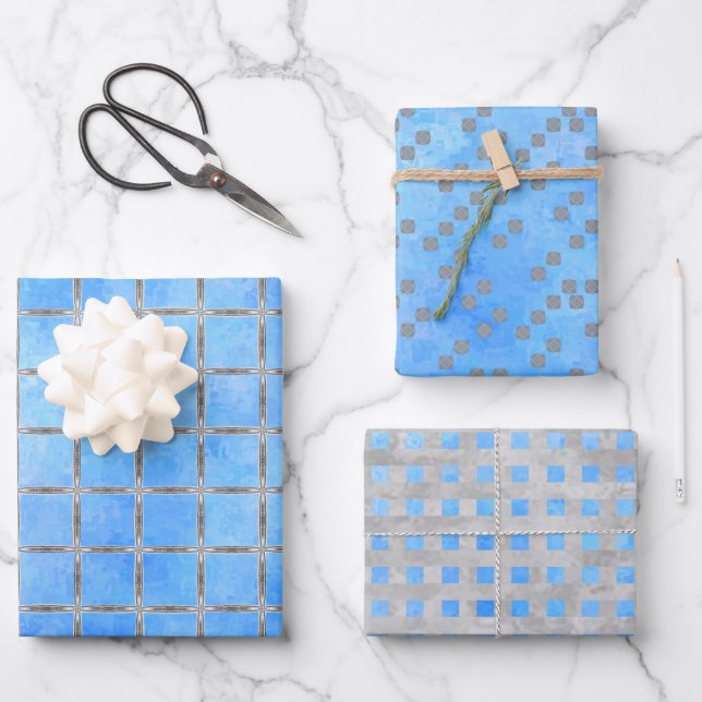 Blue and Gray Geometric Wrapping Paper Sheets (Front)