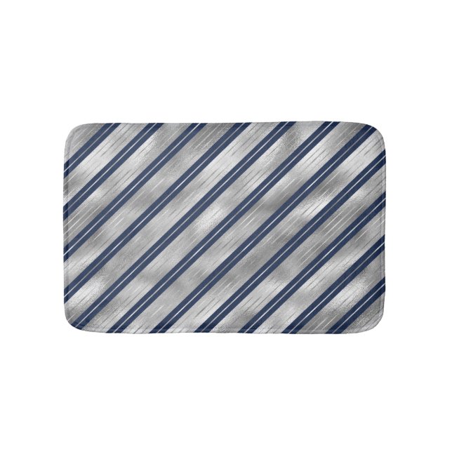 Blue and Gray Glossy Stripes Bath Mat (Front)