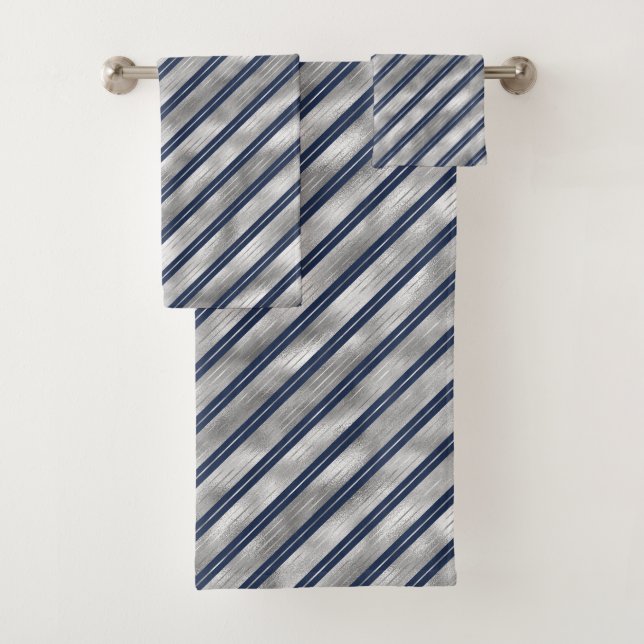 Blue and Gray Glossy Stripes Bath Towel Set (Insitu)