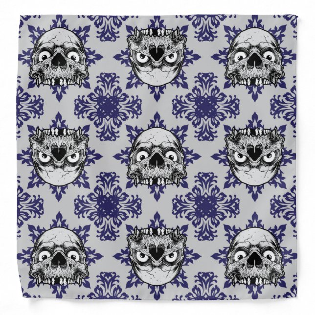 Blue And Gray Gothic Skull Pattern Bandana (Front)