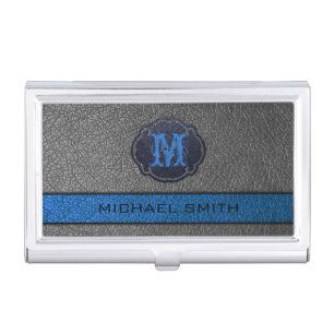 Blue and Gray Leather Custom Monogram Business Card Case