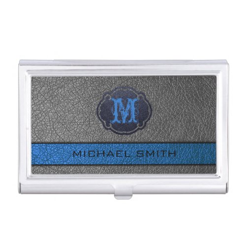 Blue and Gray Leather Custom Monogram Business Card Case