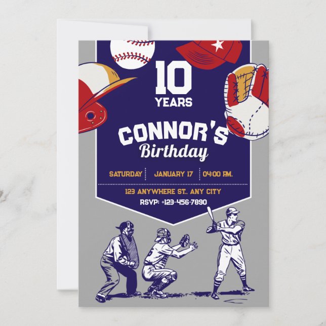 Blue and Gray llustrated baseball birthday party  Invitation (Front)