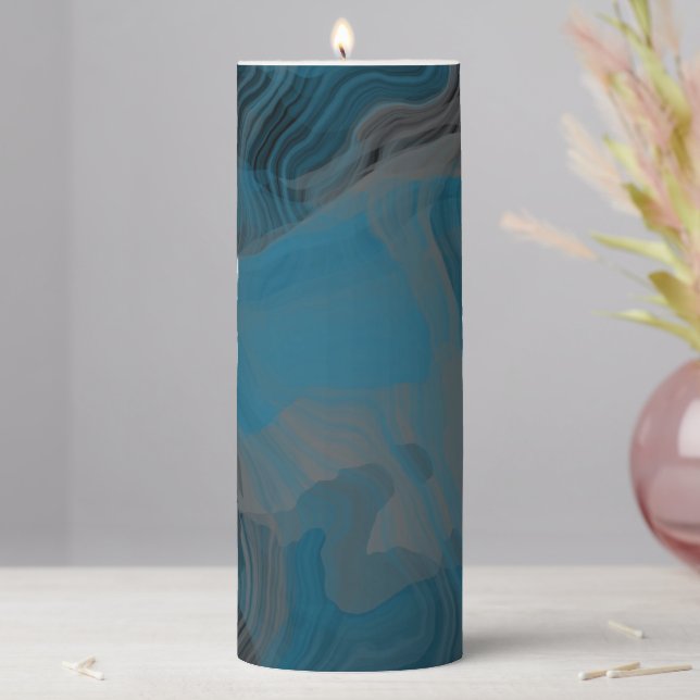 Blue and Gray Marble Abstract Pillar Candle (In Situ)