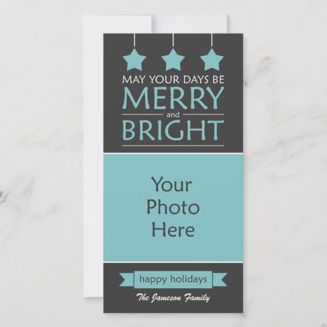 Blue and Gray Merry and Bright Stars Photo Holiday Card (Front)