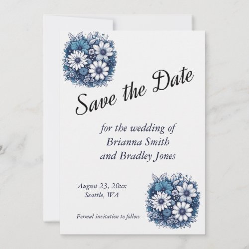 Blue and Gray Modern Floral Save the Date Invitation