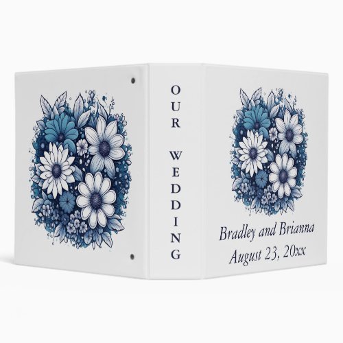 Blue and Gray Modern Floral Wedding Album 3 Ring Binder