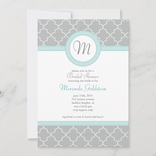 Blue and Gray Monogram Shower Invitation (Front)