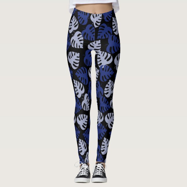 Blue and gray monstera leaf pattern on black leggings (Front)
