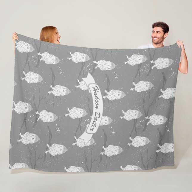 Blue and Gray Owl Sitting on a Branch Pattern Fleece Blanket (In Situ)