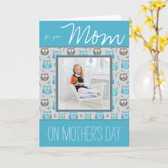 Blue and Gray Owls with Photo Mother's Day Card (Yellow Flower)