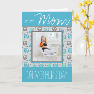 Blue and Gray Owls with Photo Mother's Day Card
