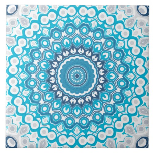 Blue and Gray Painted Medallion Pattern Ceramic Tile