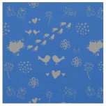 blue and gray pattern of birds, dots, footsteps, f fabric