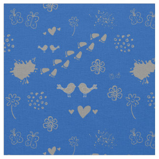 blue and gray pattern of birds, dots, footsteps, f fabric