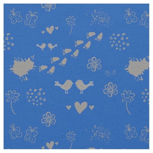 blue and gray pattern of birds, dots, footsteps, f fabric