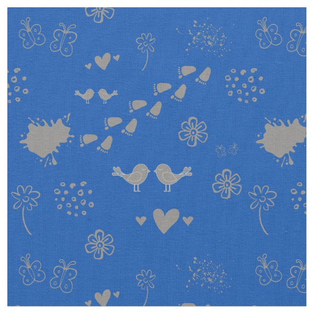 blue and gray pattern of birds, dots, footsteps, f fabric (Close Up)