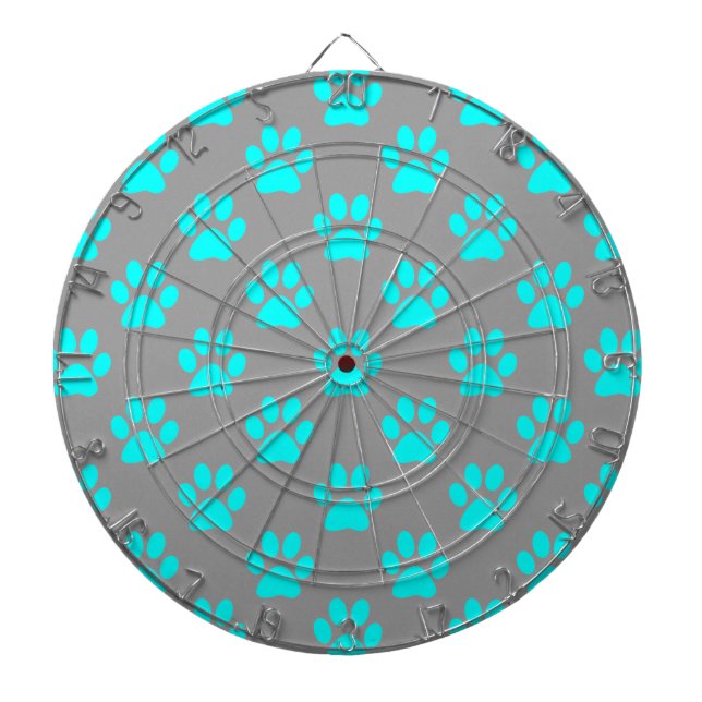 Blue and gray paws pattern dartboard with darts (Front)