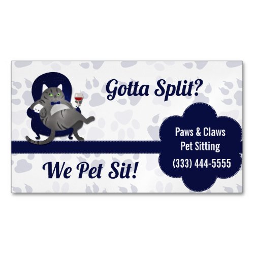 Blue and Gray Pet Sitters Gotta Split Paw Print Magnetic Business Card