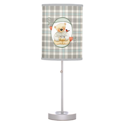 Blue and Gray Plaid Pattern with Teddy Bear Table Lamp