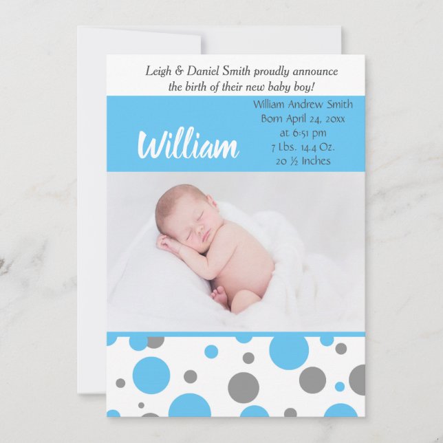 Blue and Gray Polka Dots | Baby Boy Photo Birth Announcement (Front)