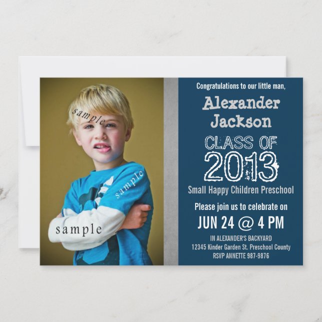 Blue and Gray Preschool or Kindergarten graduation Invitation (Front)