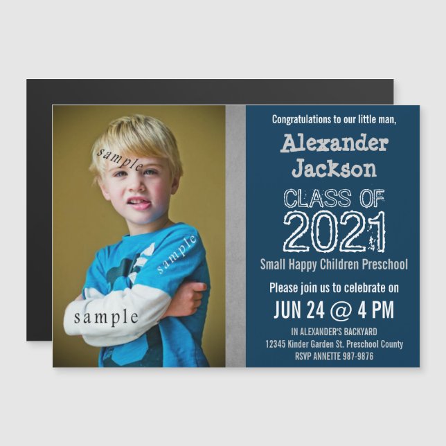 Blue and Gray Preschool or Kindergarten graduation Magnetic Invitation (Front/Back)