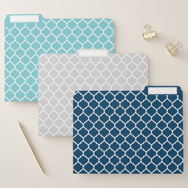 Blue and Gray Quatrefoil Pattern File Folders (Set)