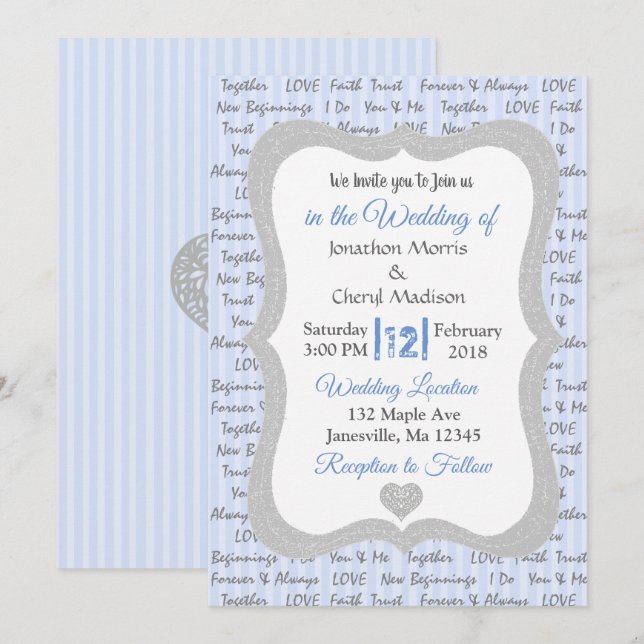 Blue and Gray Romantic Text Wedding Invitation (Front/Back)