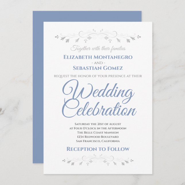 Blue and Gray Simple Elegant Wedding Invitation (Front/Back)