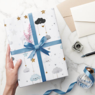 Blue and Gray Smiling Clouds Gold Stars Wrapping Paper