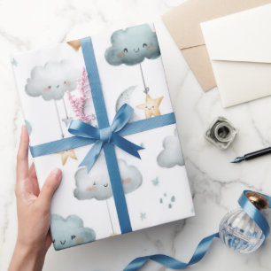 Blue and Gray Smiling Clouds Gold Stars Wrapping Paper
