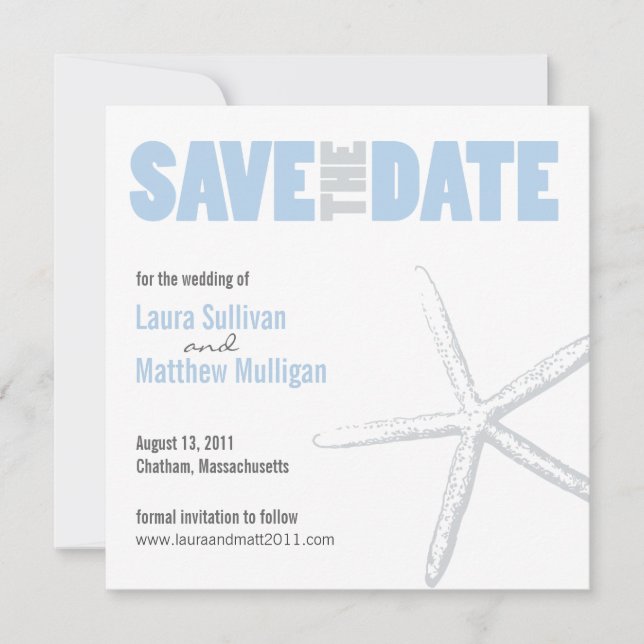 Blue and Gray Starfish Wedding Save the Date (Front)