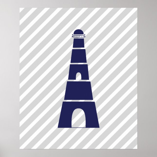 Blue and Gray Striped Nautical Lighthouse Poster (Front)