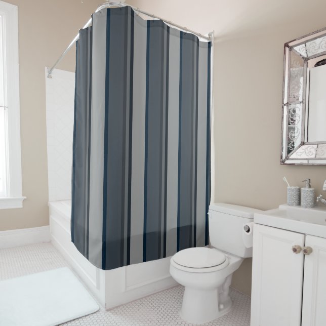 Blue and gray stripes shower curtain (In Situ)