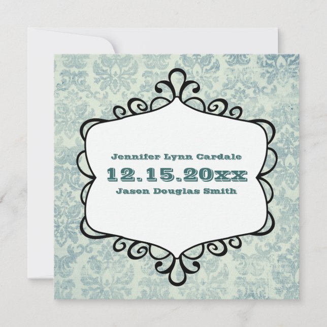 Blue and Gray Vintage Damask Wedding Invitations (Front)