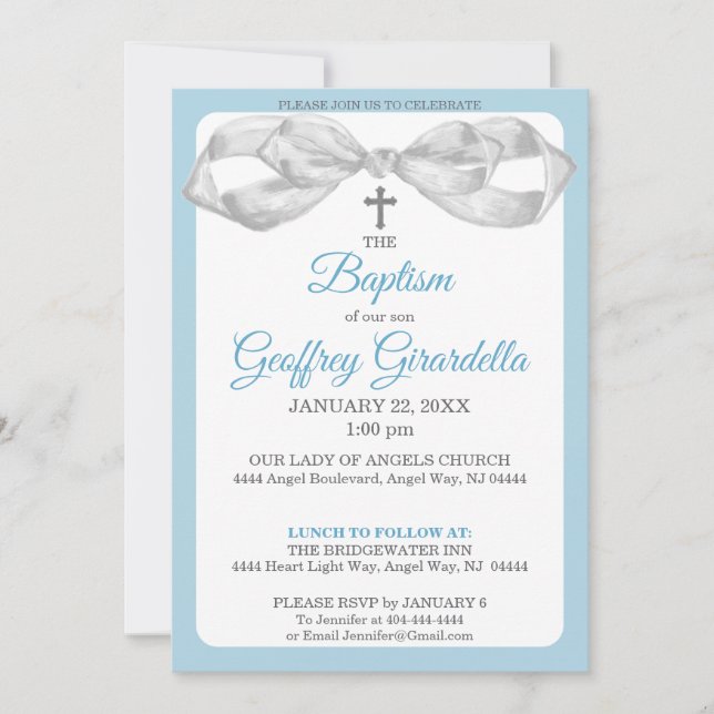 Blue and Gray Watercolor Bow & Cross Baptism Invitation (Front)