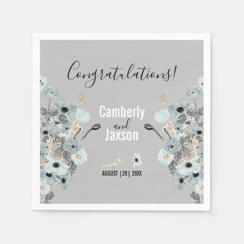 Blue And Gray Watercolor Floral Poppies Wedding Napkins