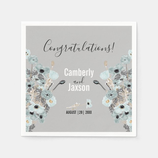Blue And Gray Watercolor Floral Poppies Wedding Napkins (Front)