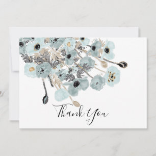 Blue And Gray Watercolor Floral Poppies Wedding Thank You Card