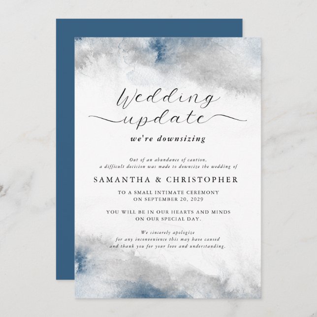 Blue and Gray Watercolor Wedding Downsizing Update Announcement (Front/Back)