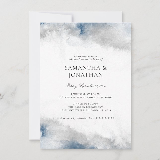 Blue and Gray Watercolor Wedding Rehearsal Dinner Invitation (Front)