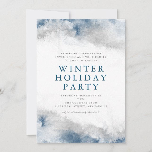 Blue and Gray Watercolor Winter Holiday Party Invitation (Front)